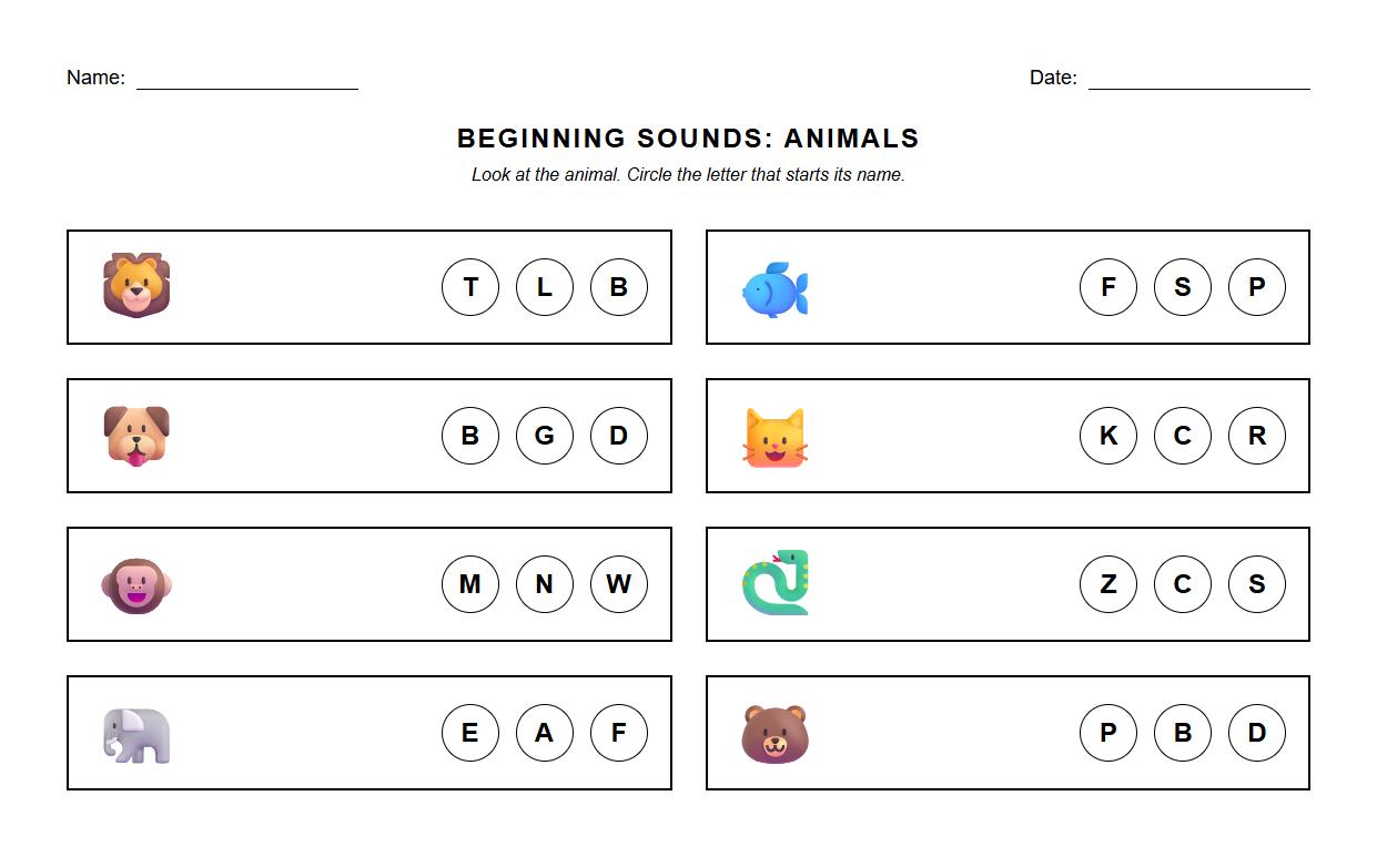Beginning Sounds of Animal Names Phonics Activity Sheet
