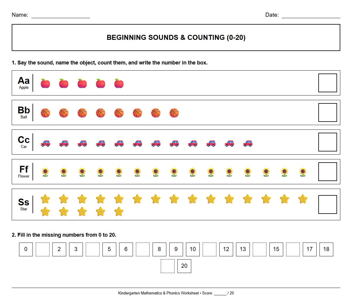 Beginning Sounds Phonics Practice with Number Counting 0 to 20 Worksheet