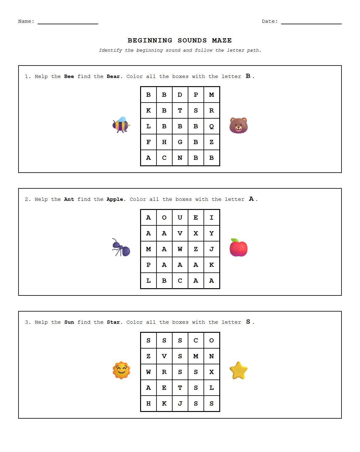 Beginning Sounds Visual Identification Mazes