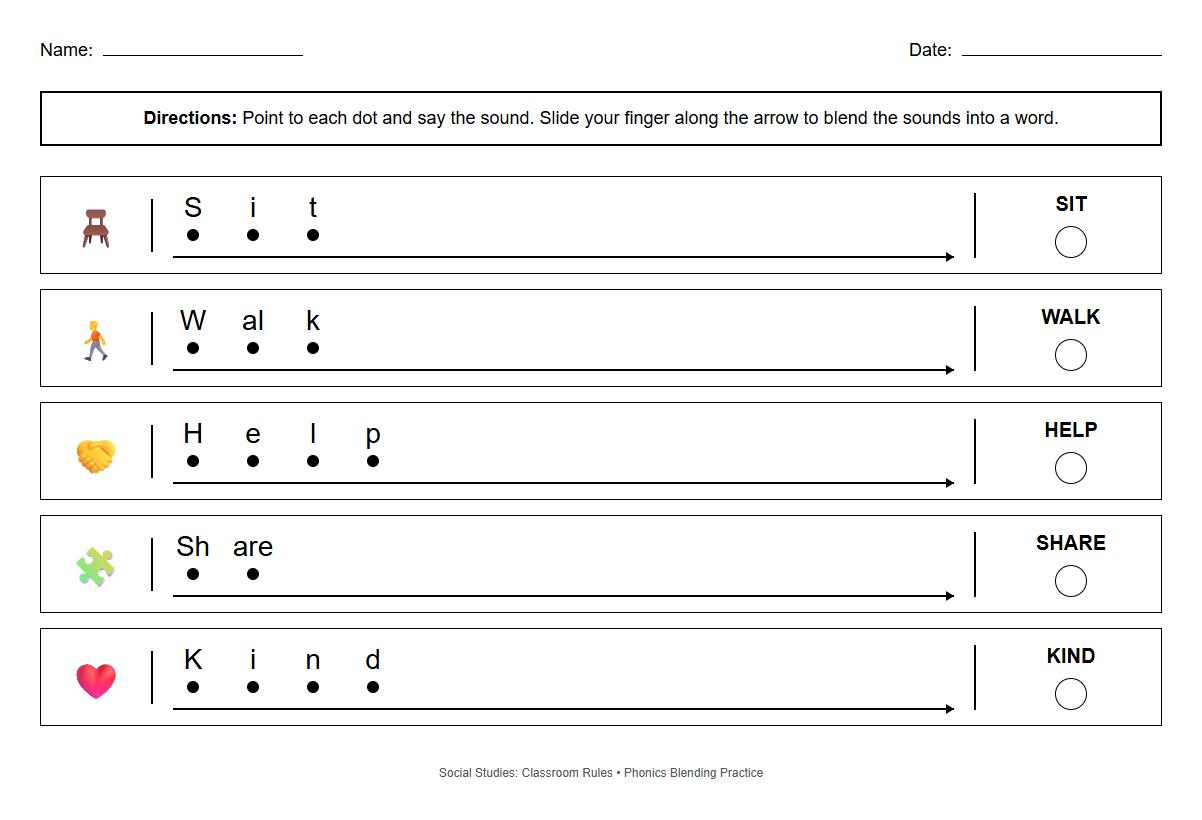 Blending phonemes in phrases about classroom rules