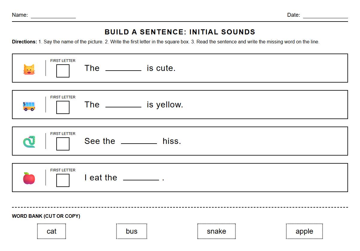 Build a Sentence Activities with Initial Sound Focus