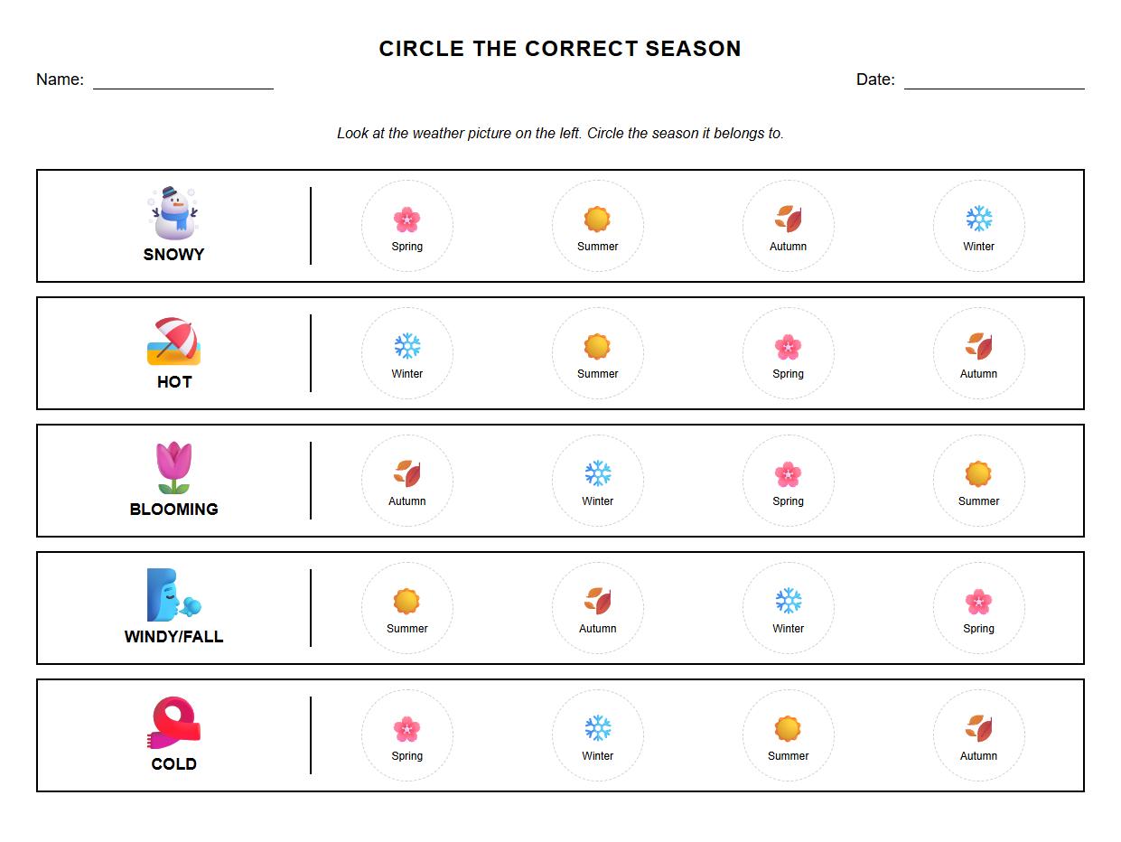 Circle the Correct Season Worksheet Featuring Weather Conditions Vocabulary