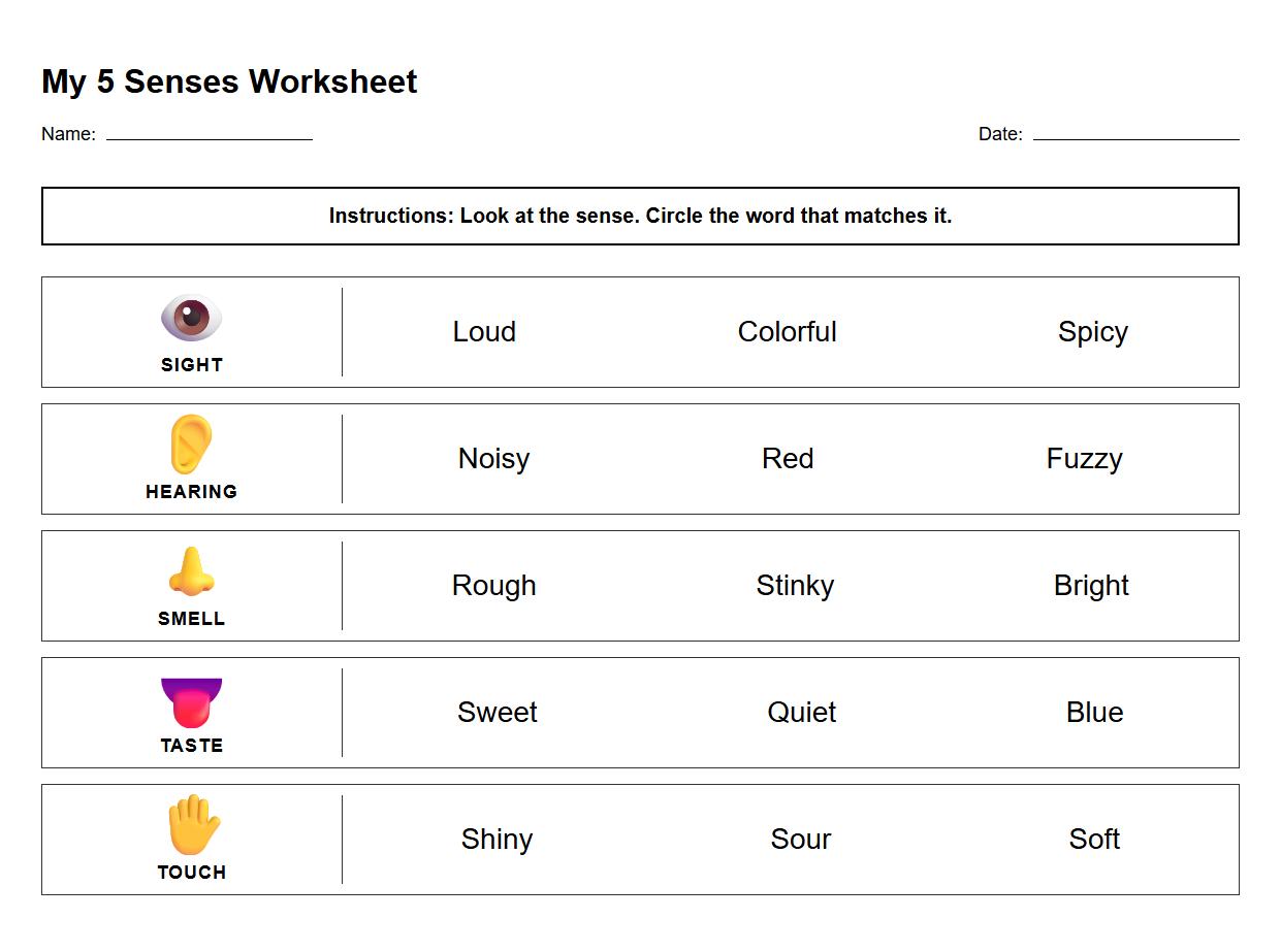 Circle the Correct Sensory Word for Each Sense Worksheet