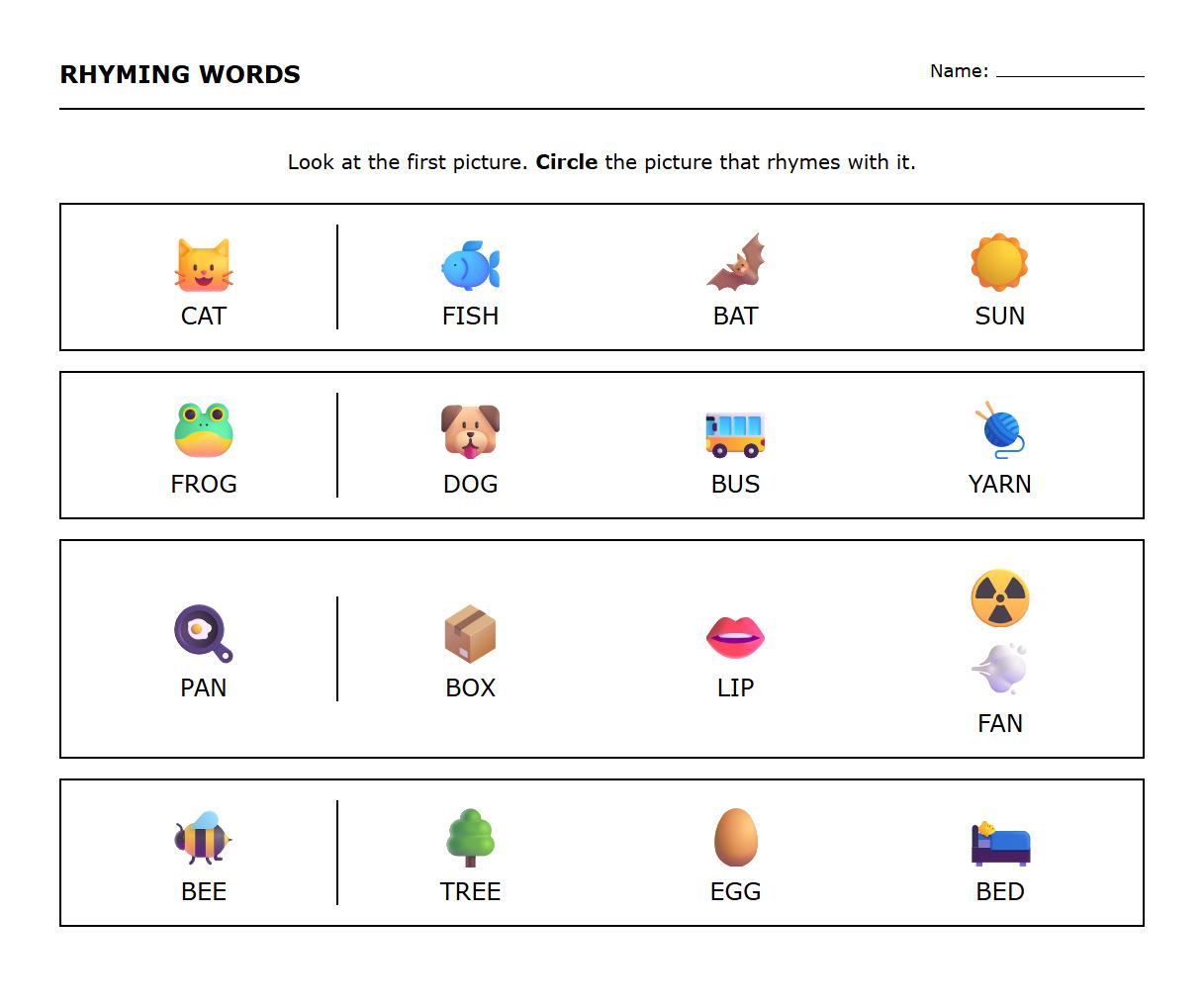 Circle the Rhyming Word Worksheet for Kindergarten