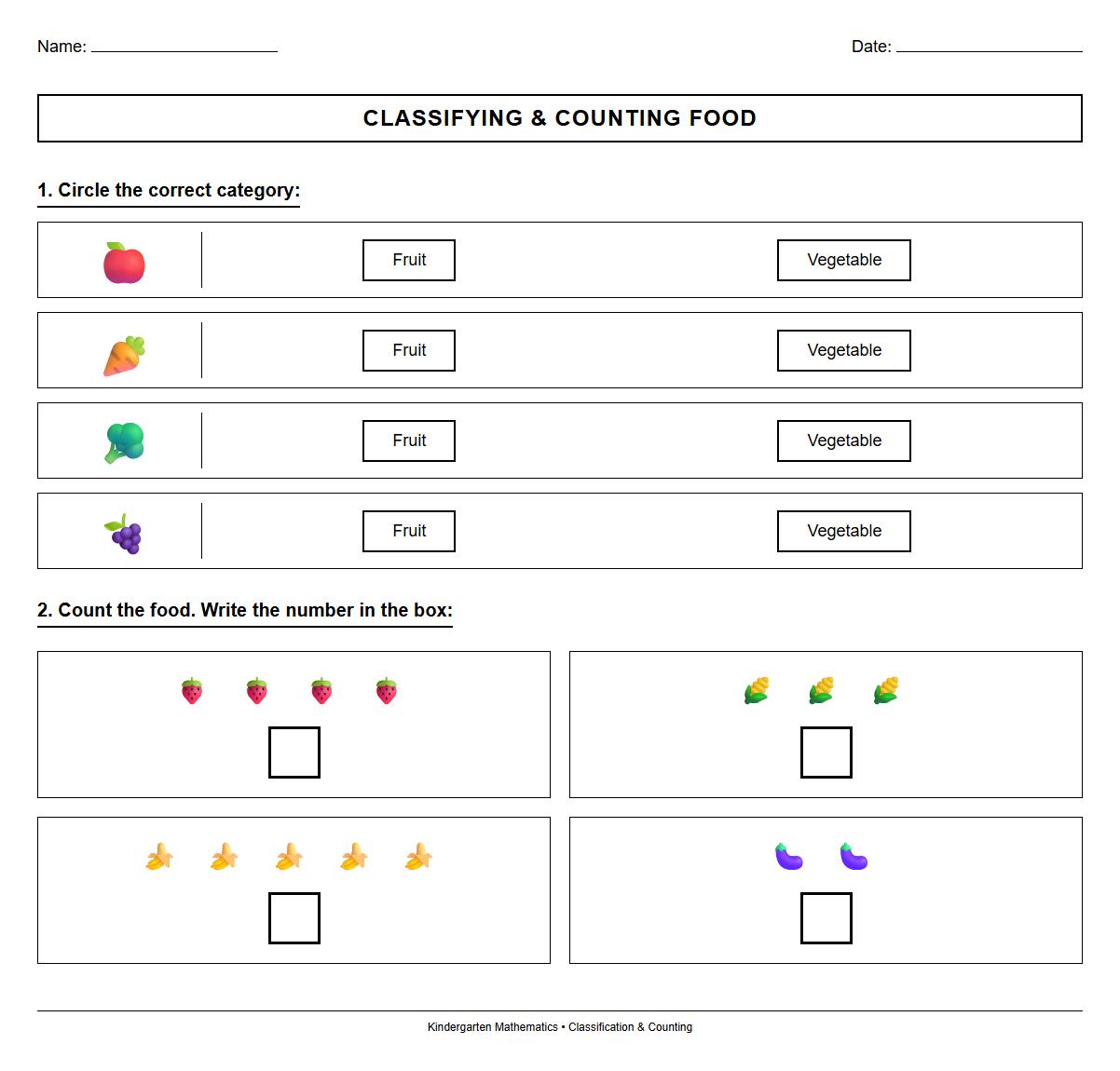 Classifying Food by Category Worksheet