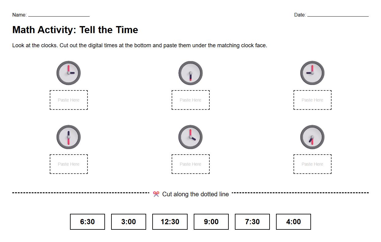 Clock Face Cut and Paste Activity with Hour and Half Hour
