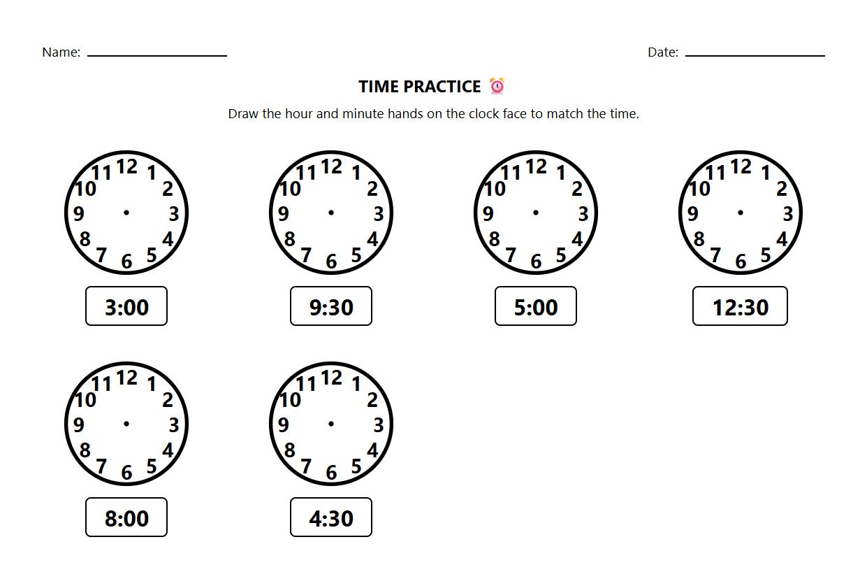 Clock Face Drawing for Hour and Half Hour Practice Sheet