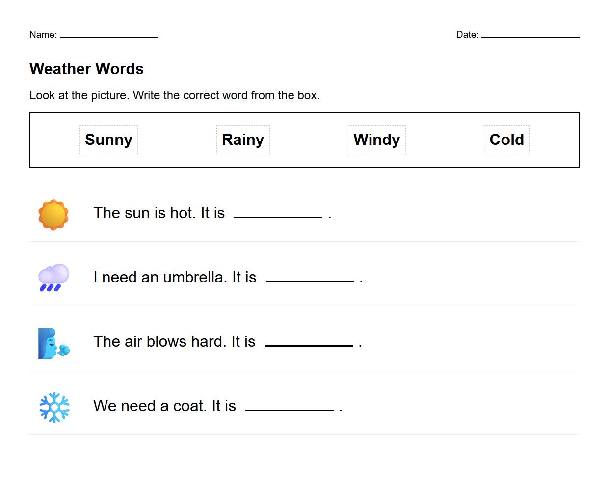 Cloze Passage Focusing on Weather Adjectives and Nouns