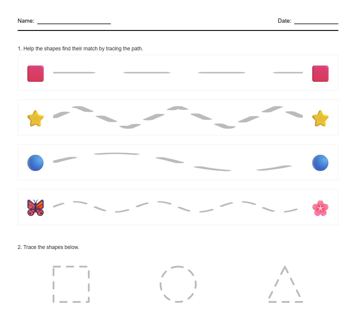 Cognitive Development Tracing Worksheet: Shape Patterns Using Straight and Curved Guides