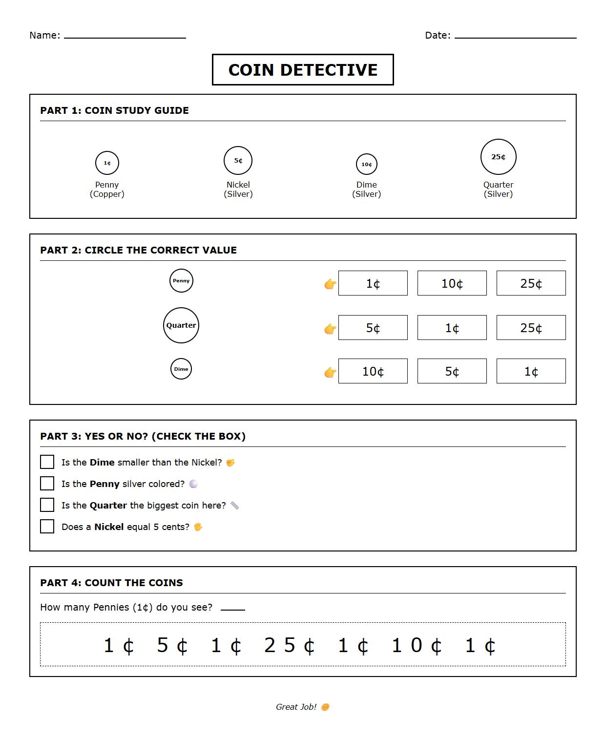 Coin Feature Recognition and Classification Worksheet