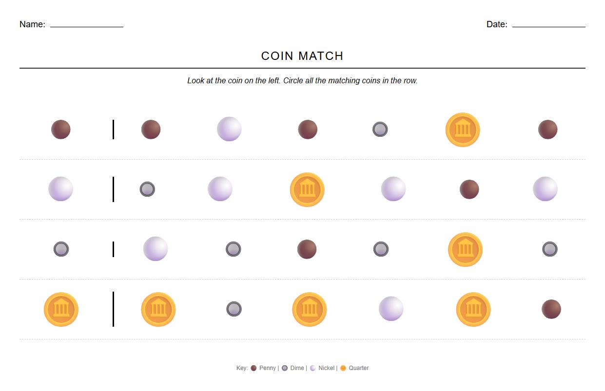 Coin Recognition Visual Discrimination Worksheet