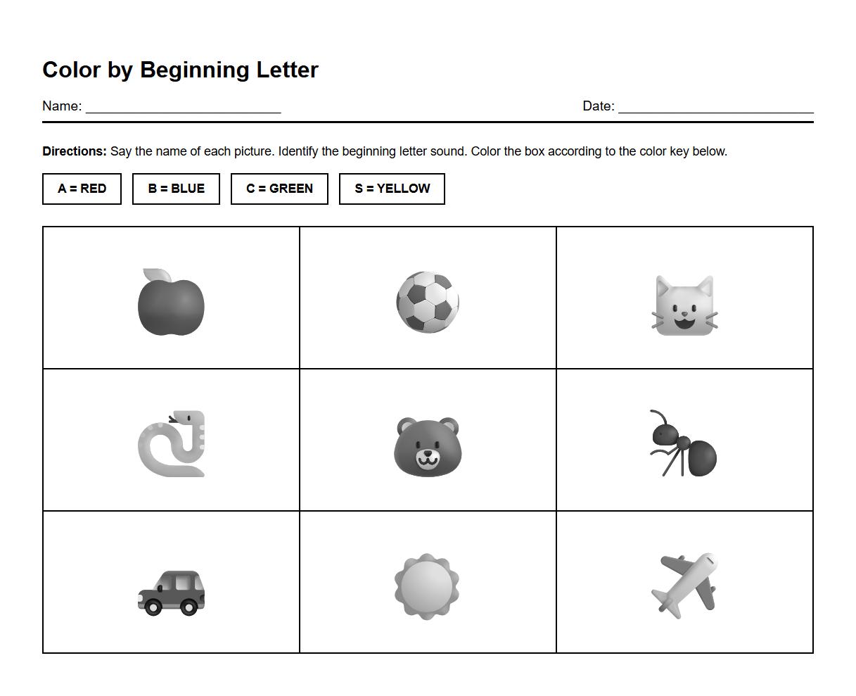 Color by Beginning Letter Worksheet