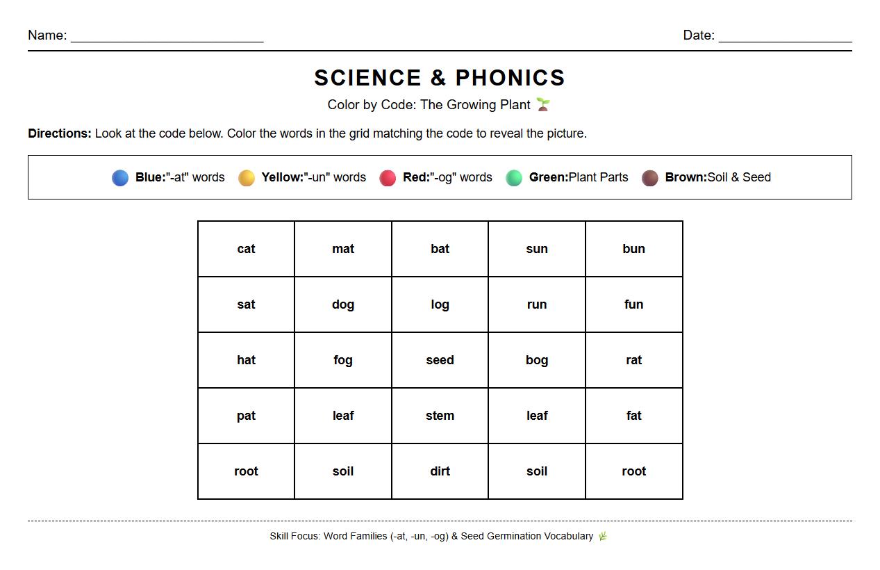 Color by code using word families and seed germination terms