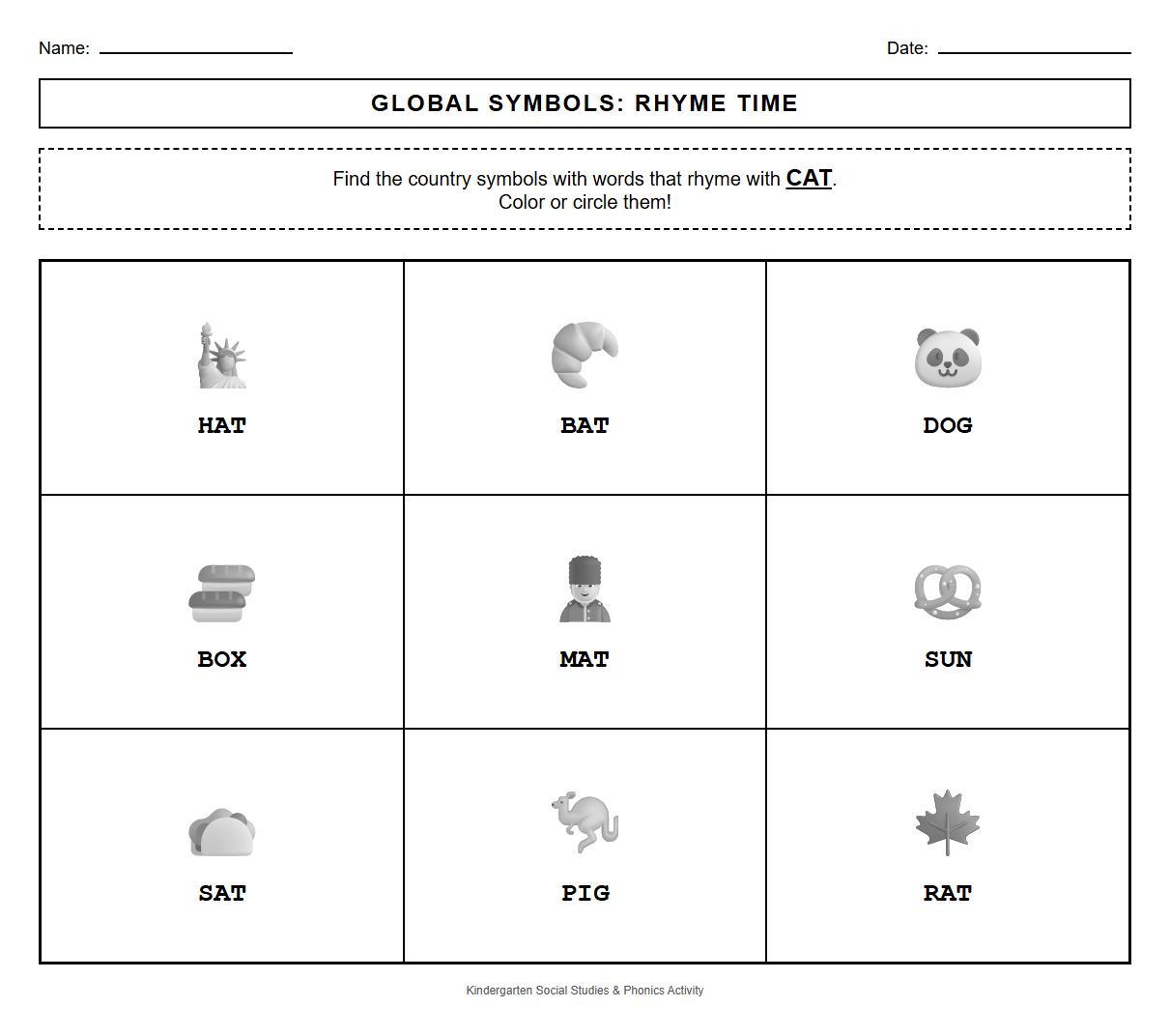 Color by Country Symbol Rhyming Words Phonics Worksheet
