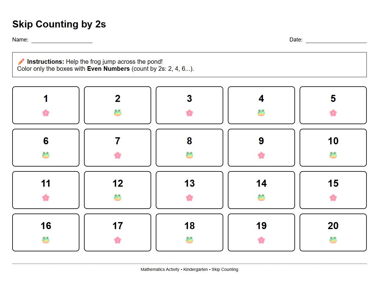 Color the Even Numbers Skip Counting by 2s Worksheet