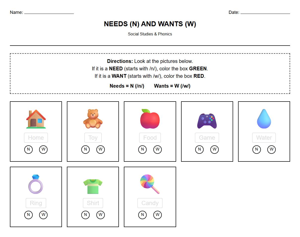 Color the Needs and Wants Based on Initial Phonics Sound