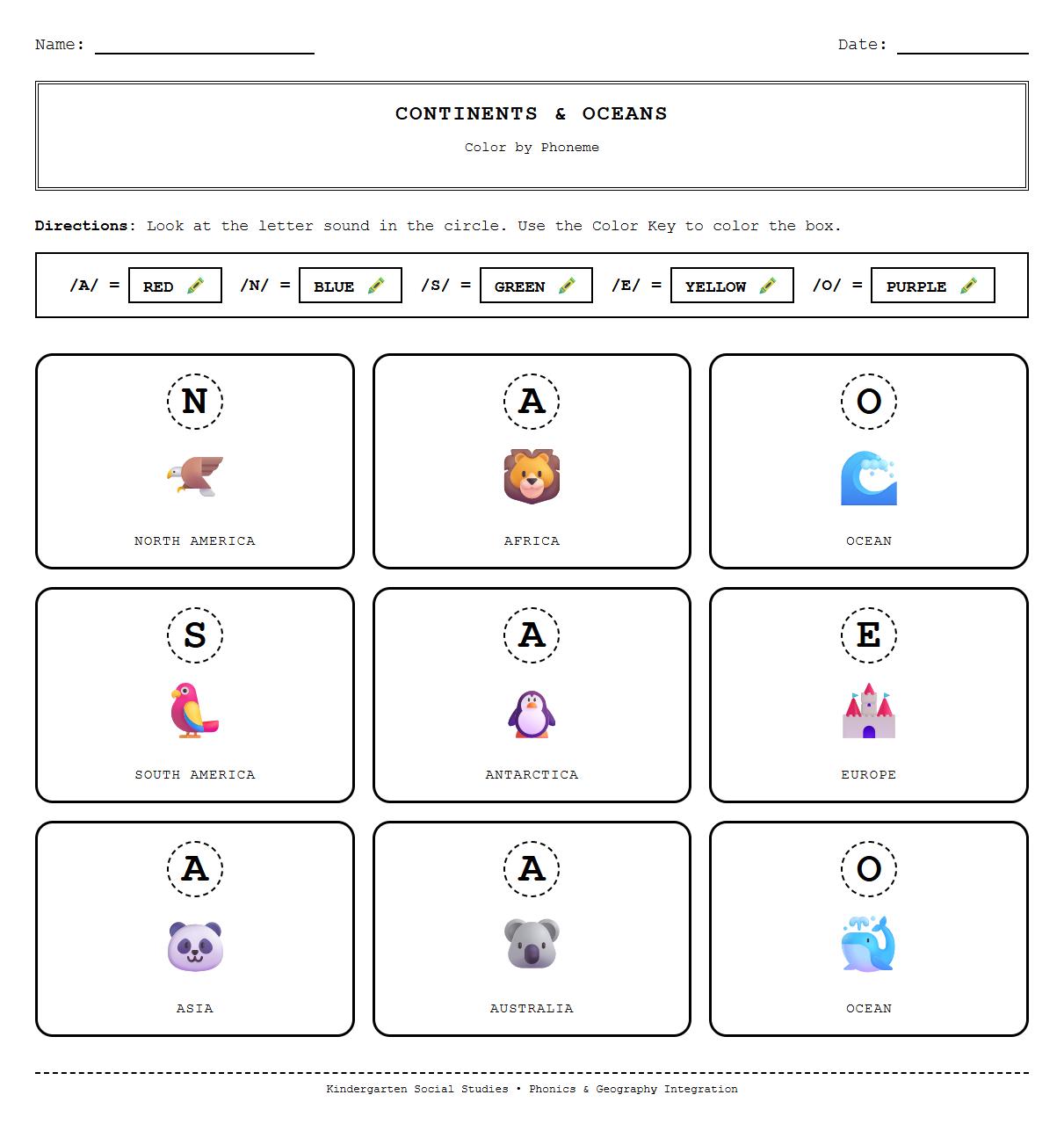 Color by Phoneme: Continents and Oceans
