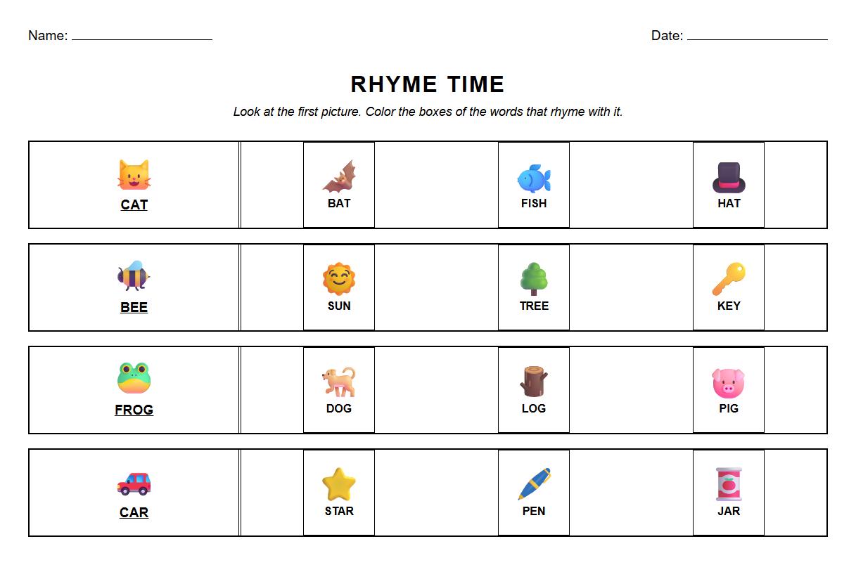 Color by Rhyming Word Phonics Worksheet