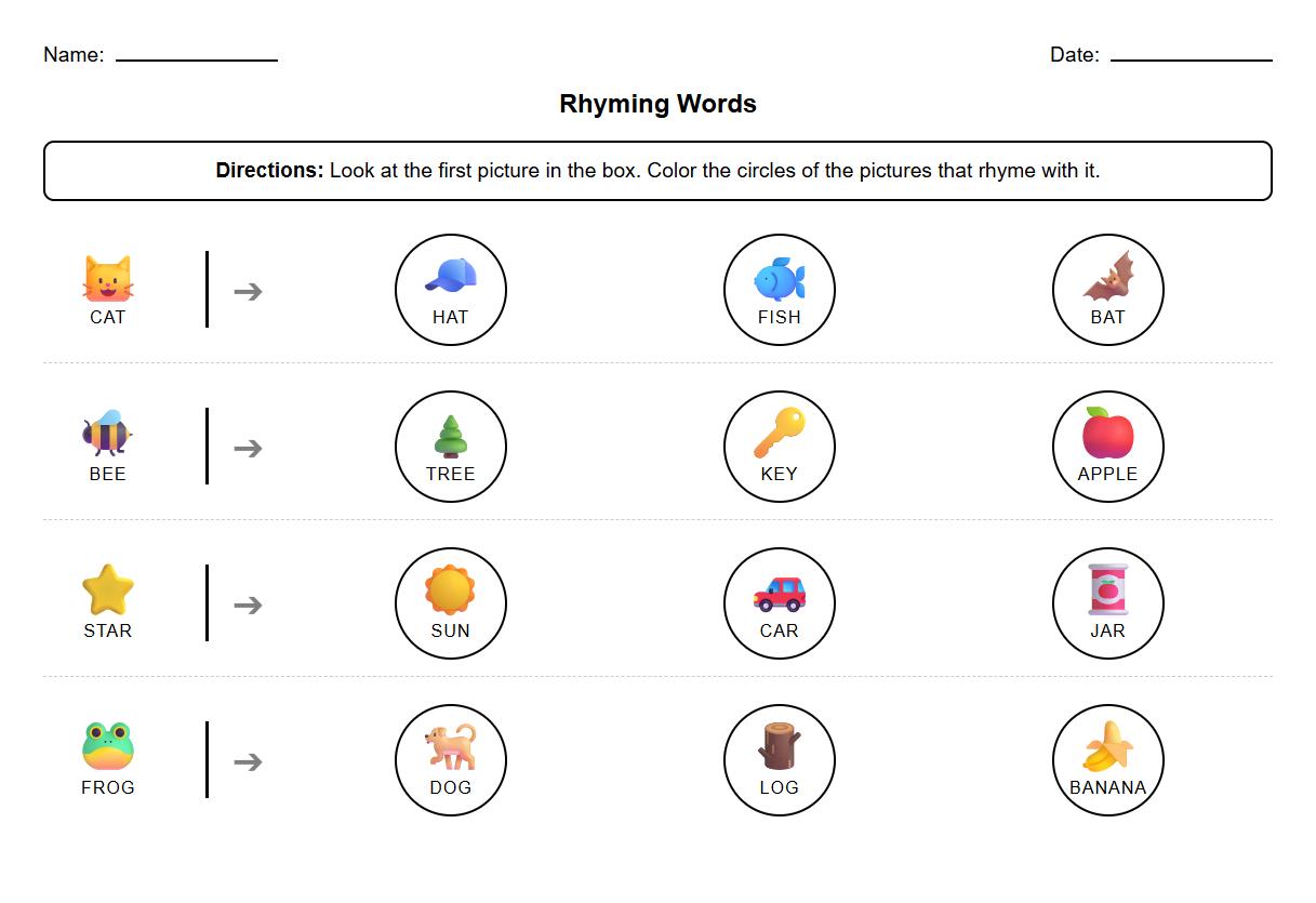 Color the Rhyming Words Phonics Worksheet