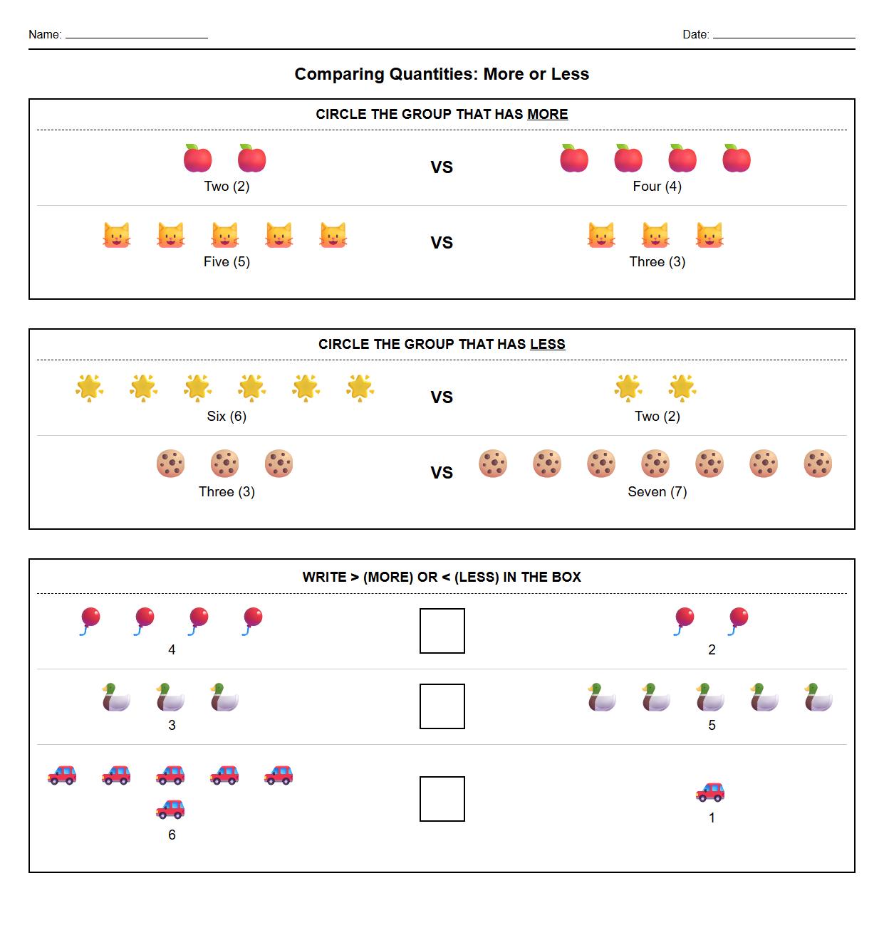 Comparing Quantities Worksheet More or Less with Numbers and Words