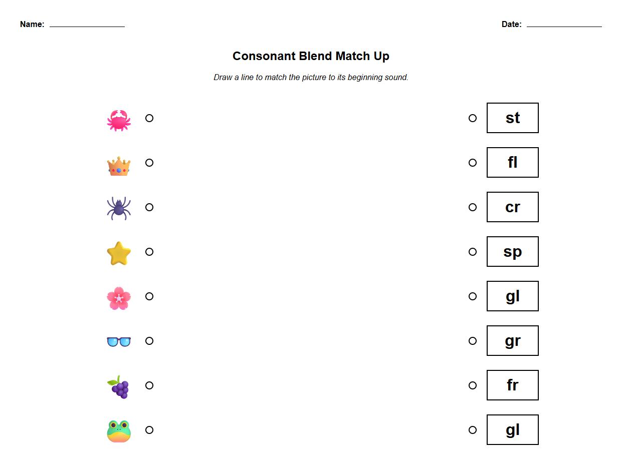 Consonant Blend Cluster Match Up Activity