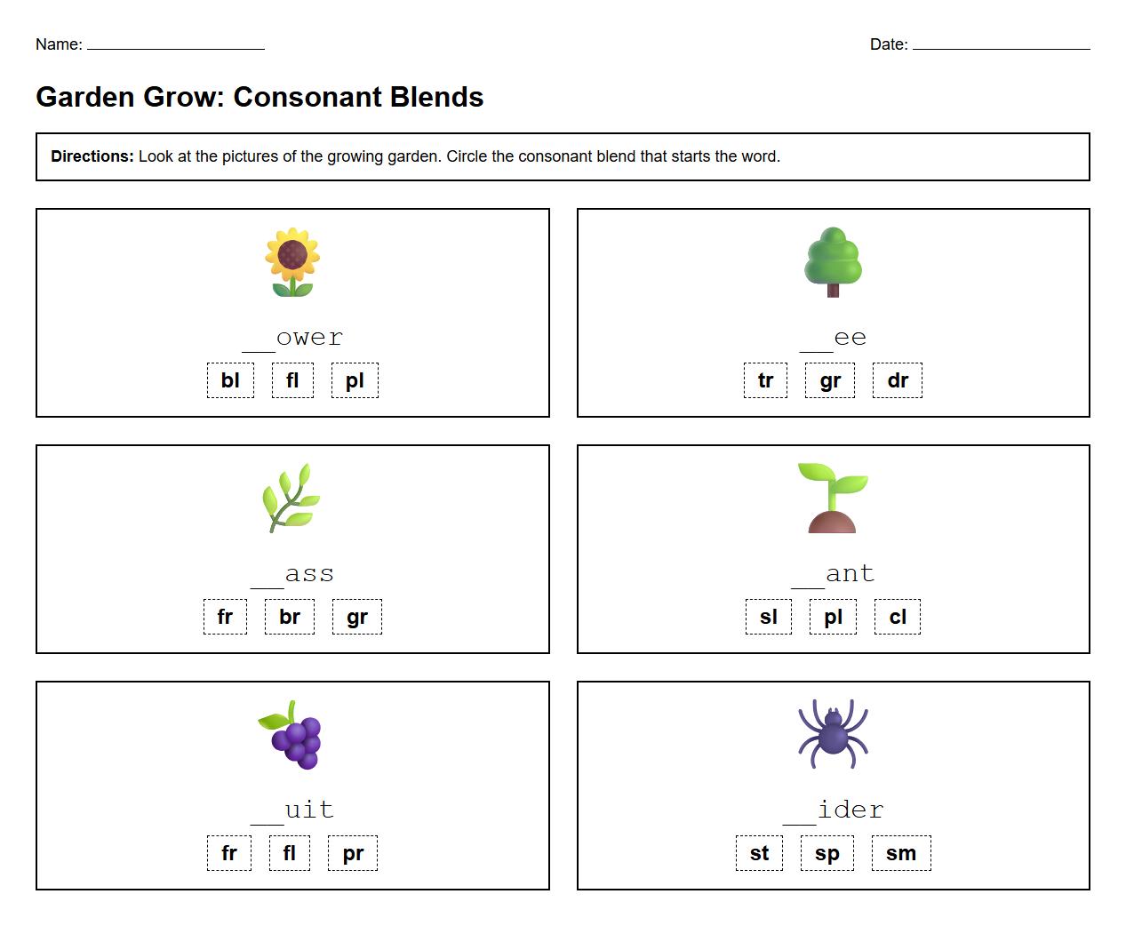 Consonant Blends Phonics Worksheet with Plant Growth Theme