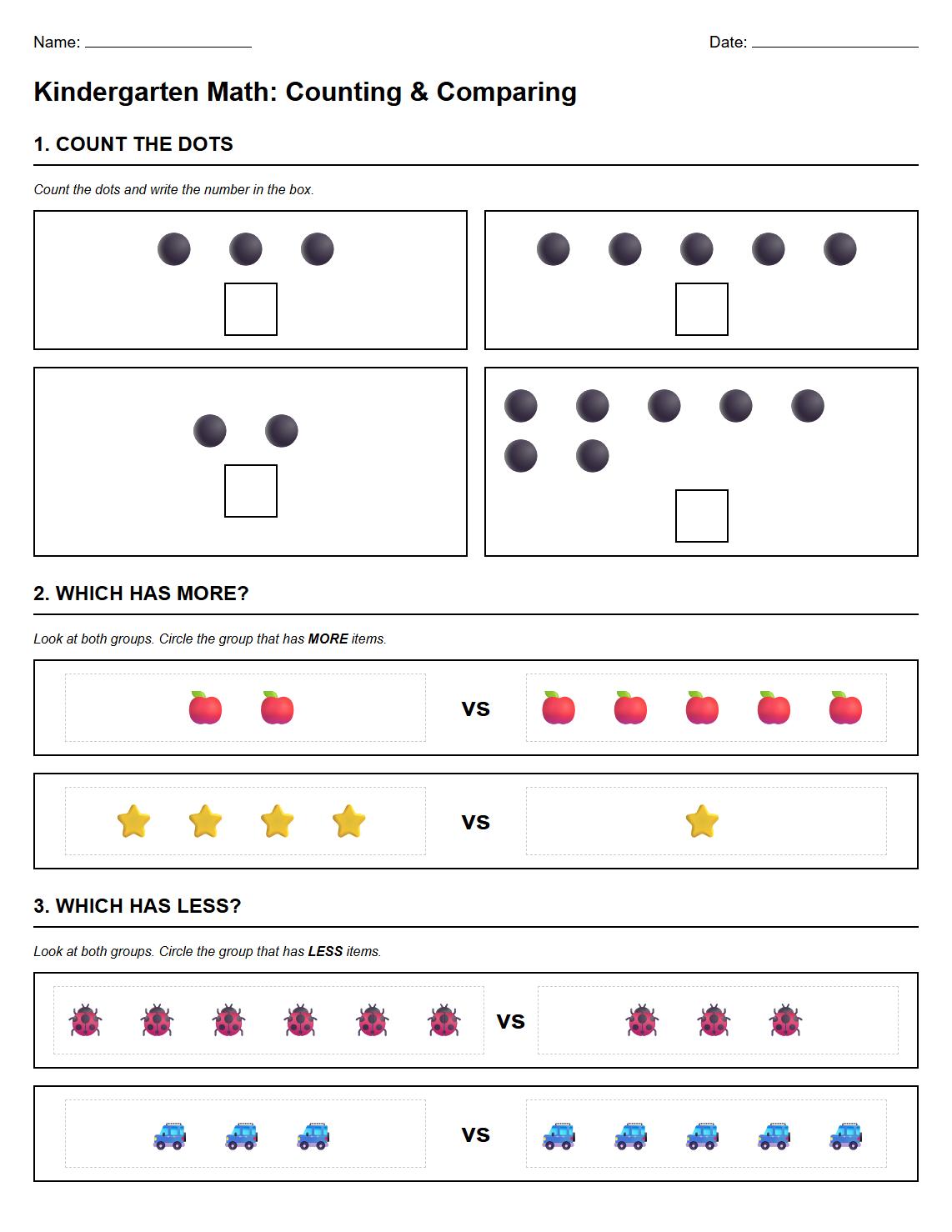 Counting Dots and Matching Numbers Worksheet for More Versus Less comparison