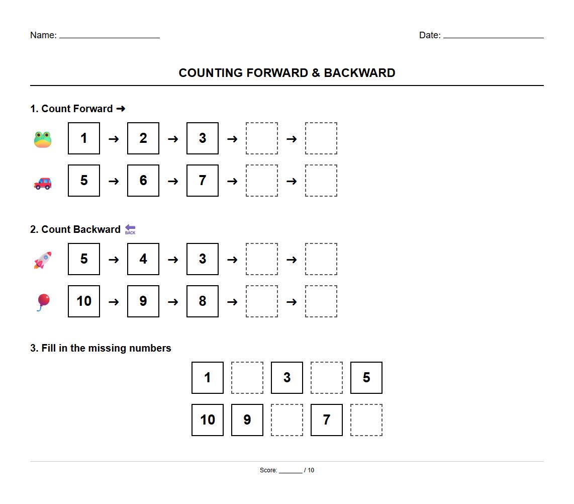 Counting Forward and Backward Worksheet