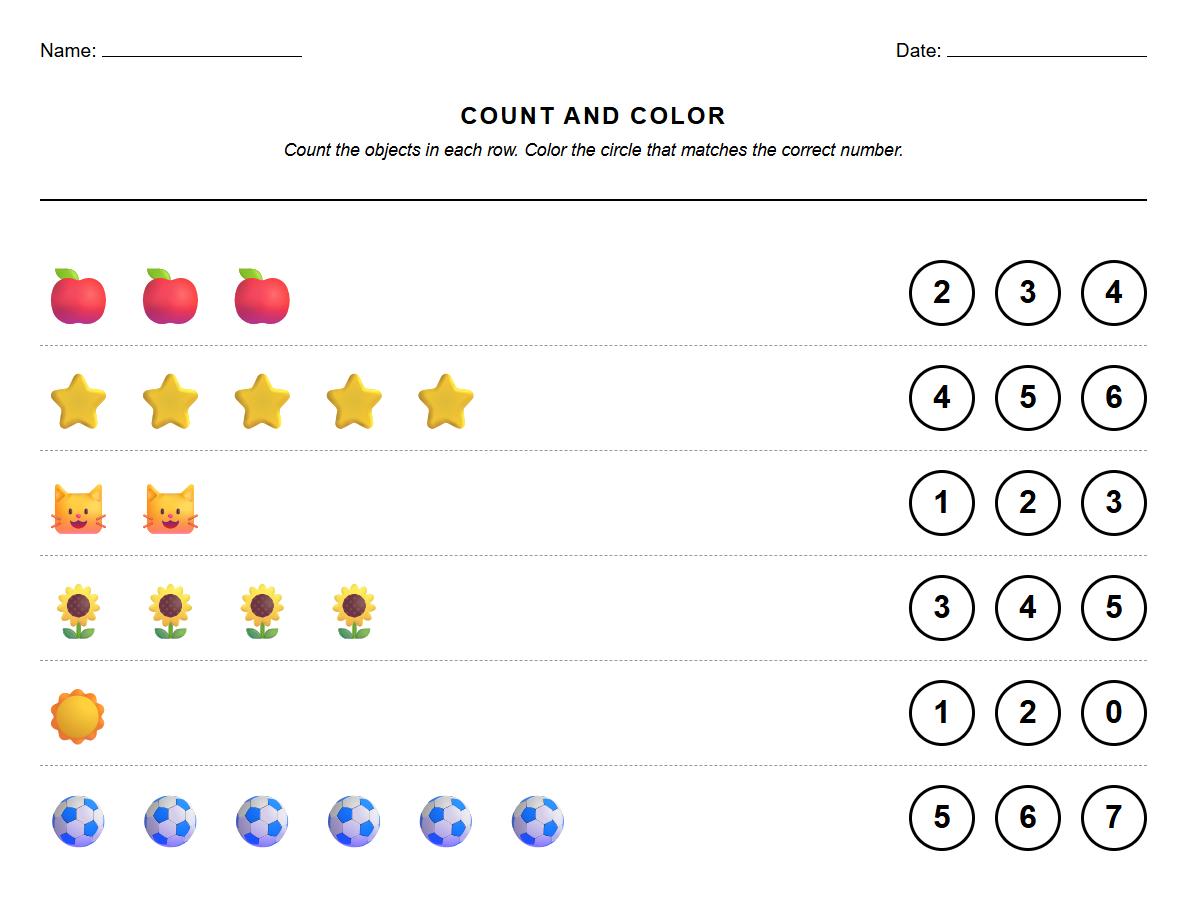 Counting Objects Color by Number Activity Sheet