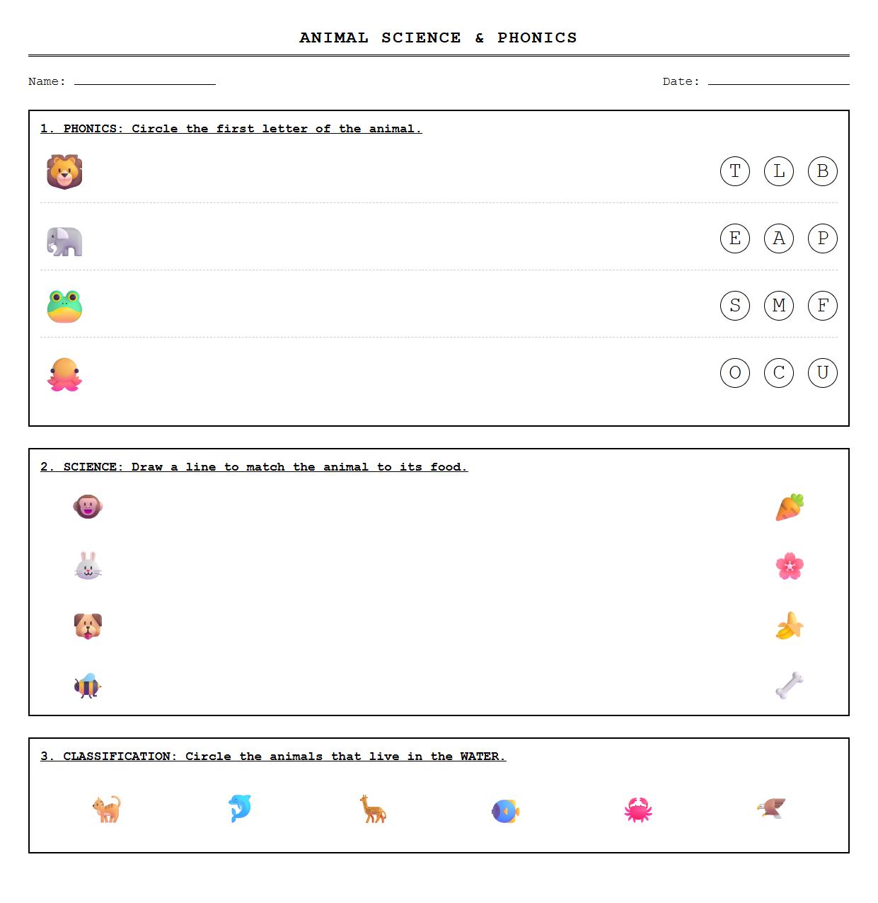 Cross Curricular Science and Phonics Animal Worksheet