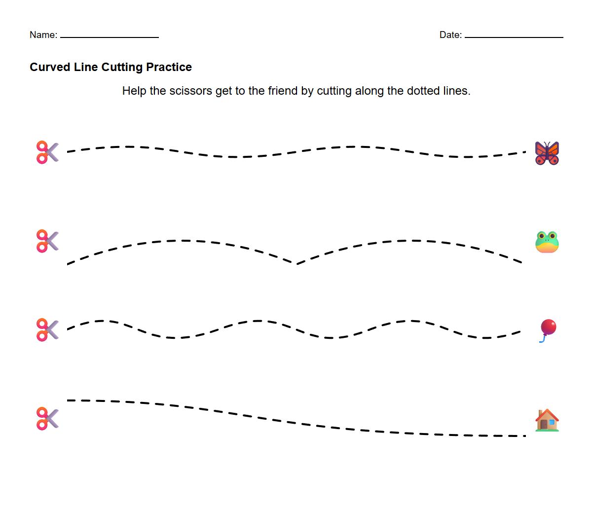 Curved Line Scissor Cutting Skills Worksheet