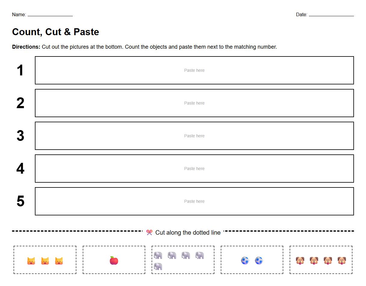 Cut and paste activity to match numbers and phonics pictures