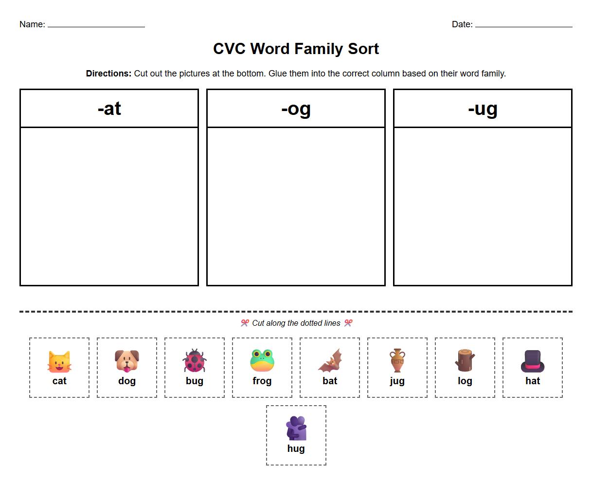 Cut and Paste CVC Word Family Sort