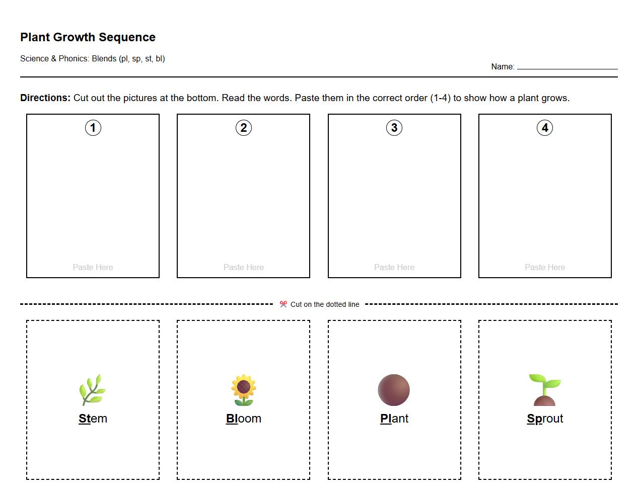 Cut and Paste Phonics Worksheet with Blends for Plant Growth Stages Sequencing