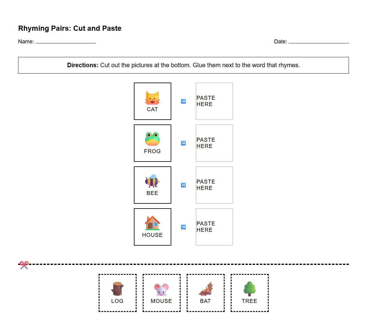 Cut and Paste Rhyming Pairs Exercise
