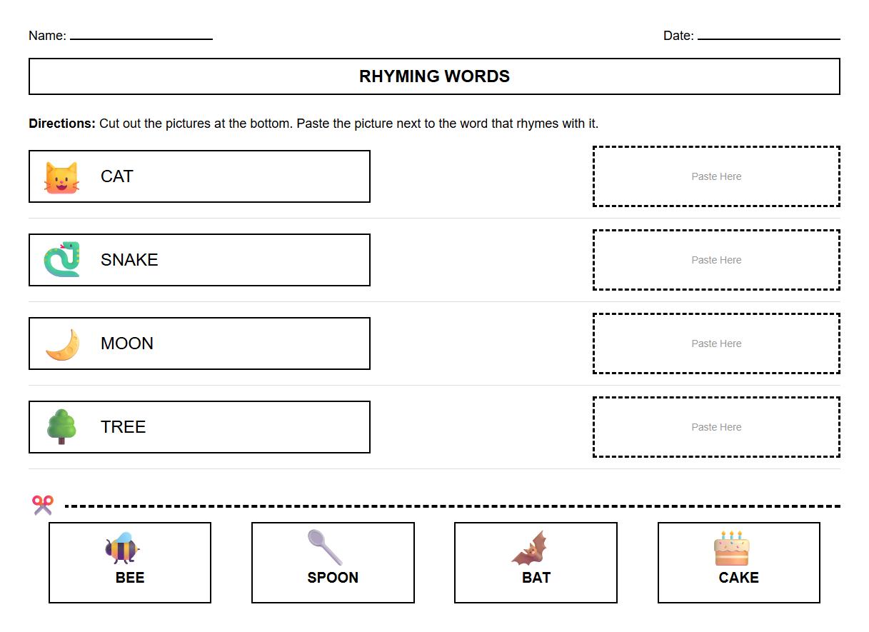 Cut and Paste Rhyming Words Exercise