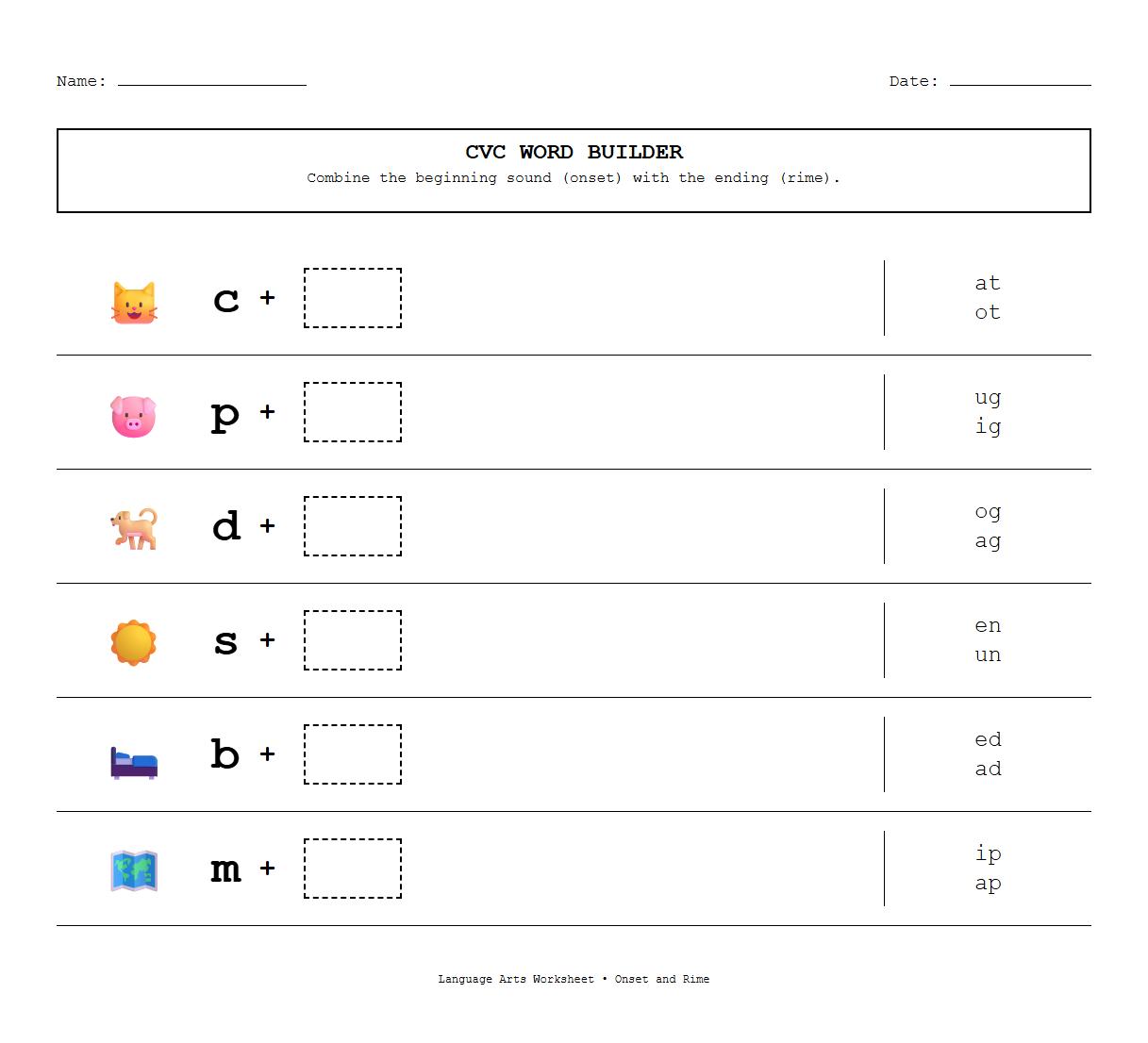 CVC Onset and Rime Building Worksheet