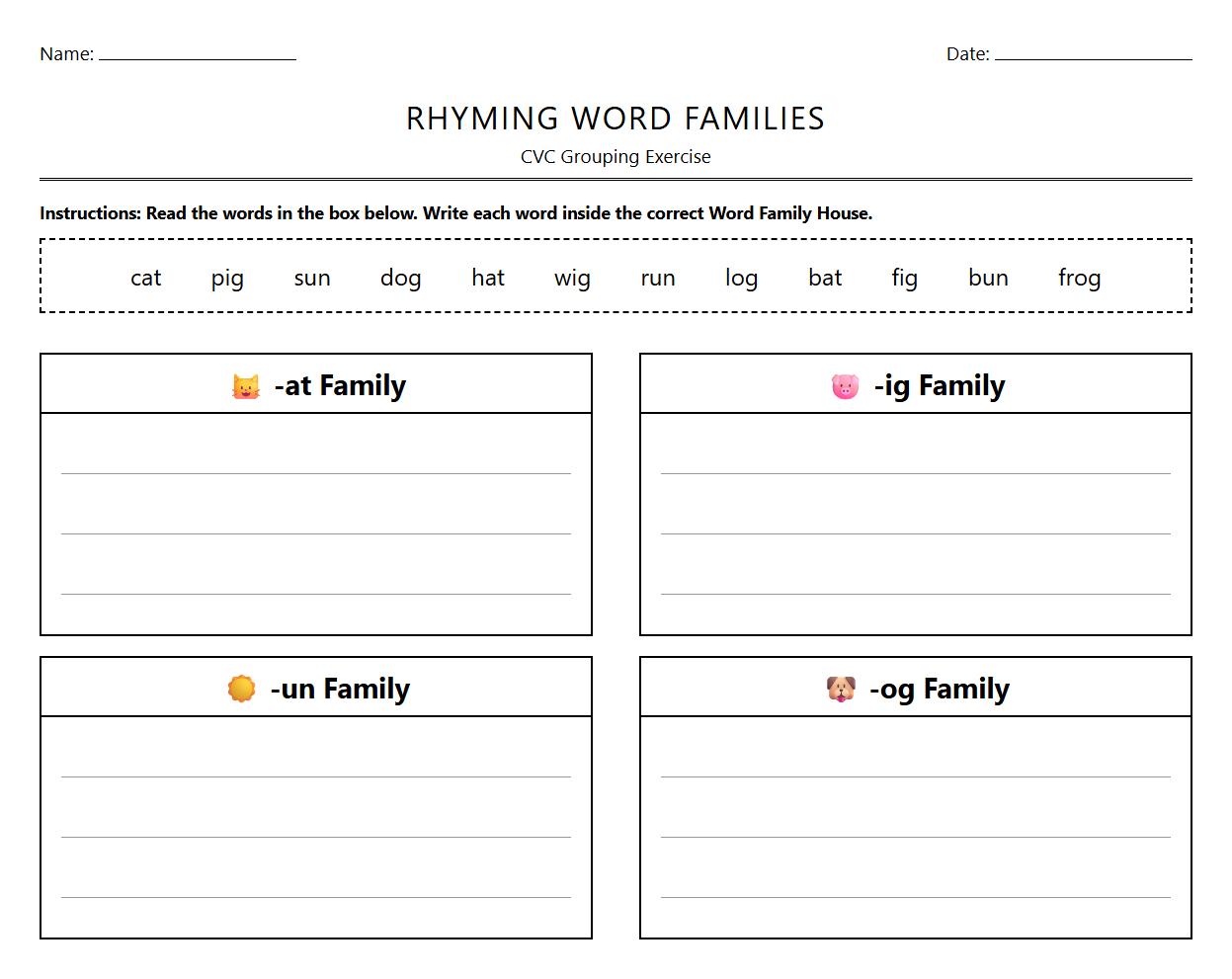 CVC Rhyming Word Families Grouping Exercise Sheet