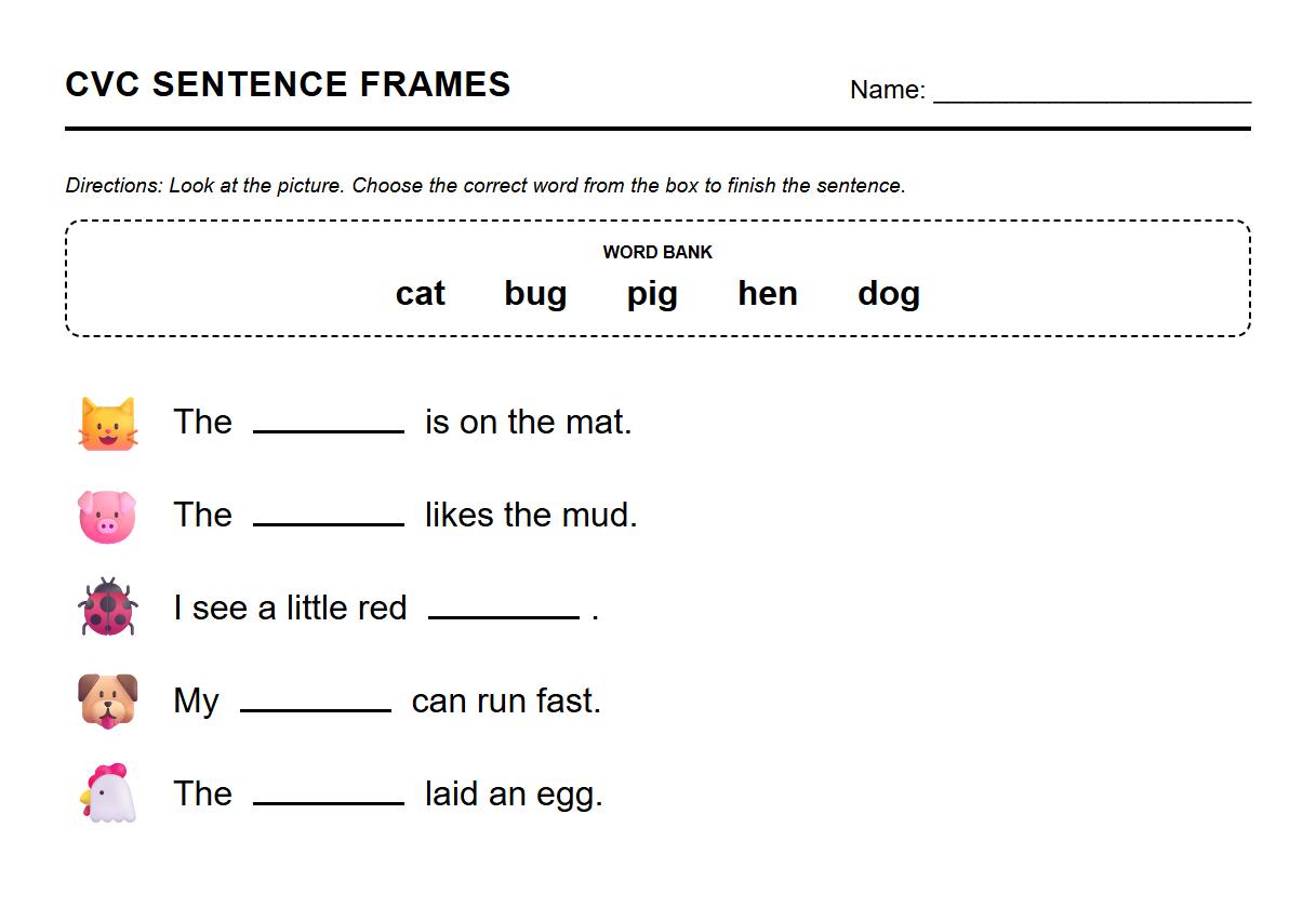 CVC Word Family Sentence Frames Exercise