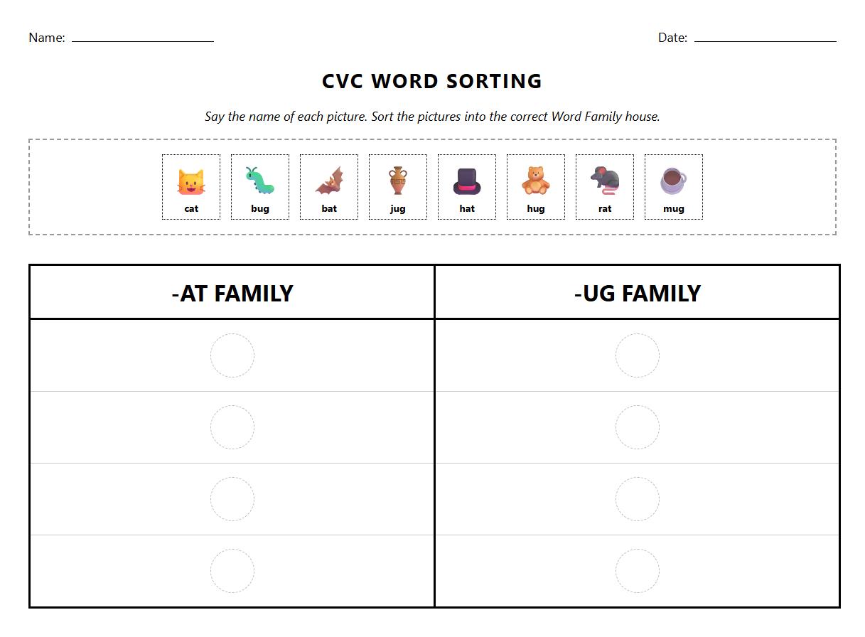 CVC Word Family Sorting Phonics Worksheet
