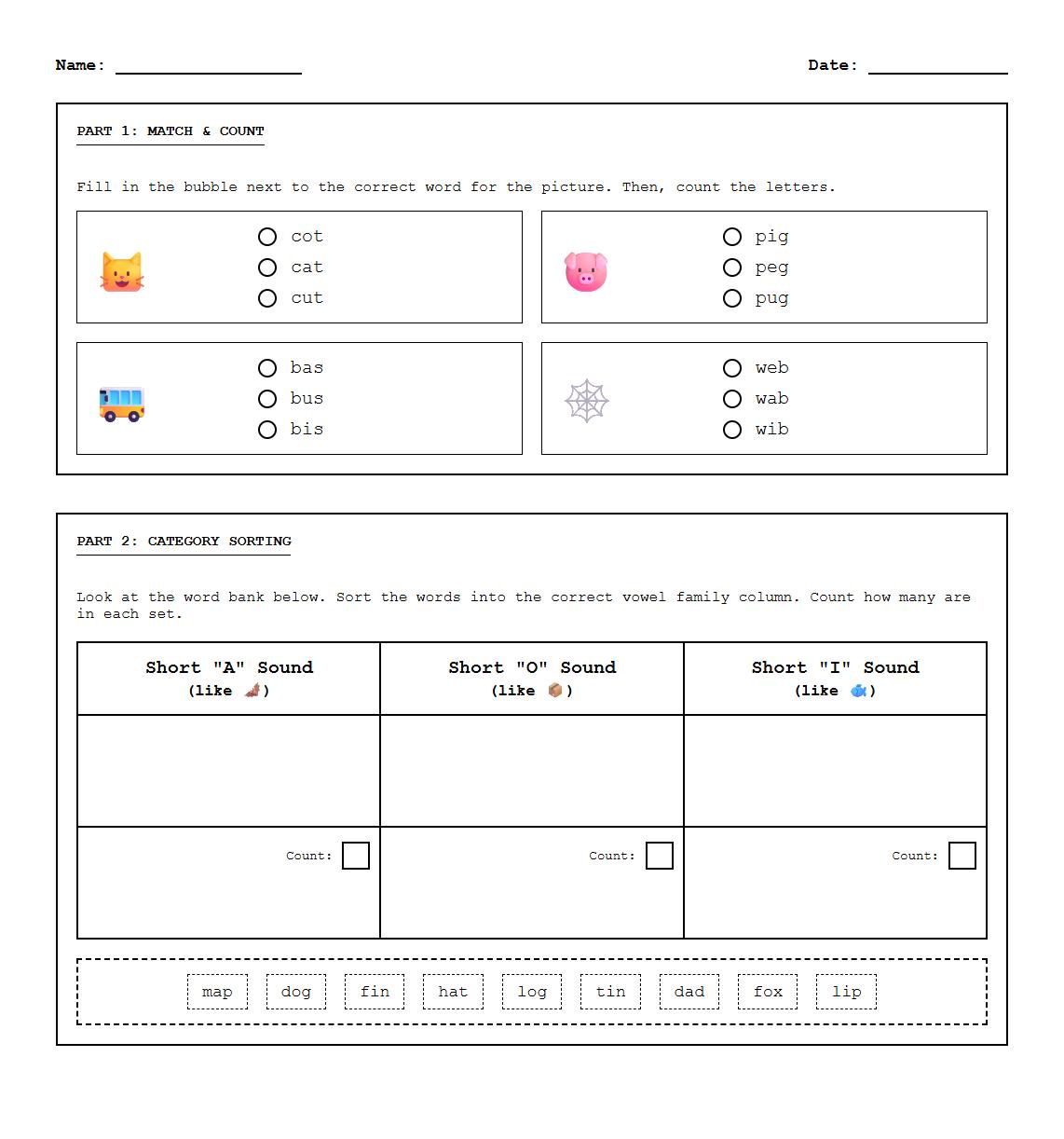 CVC Word Sorting Worksheet with Picture Matching