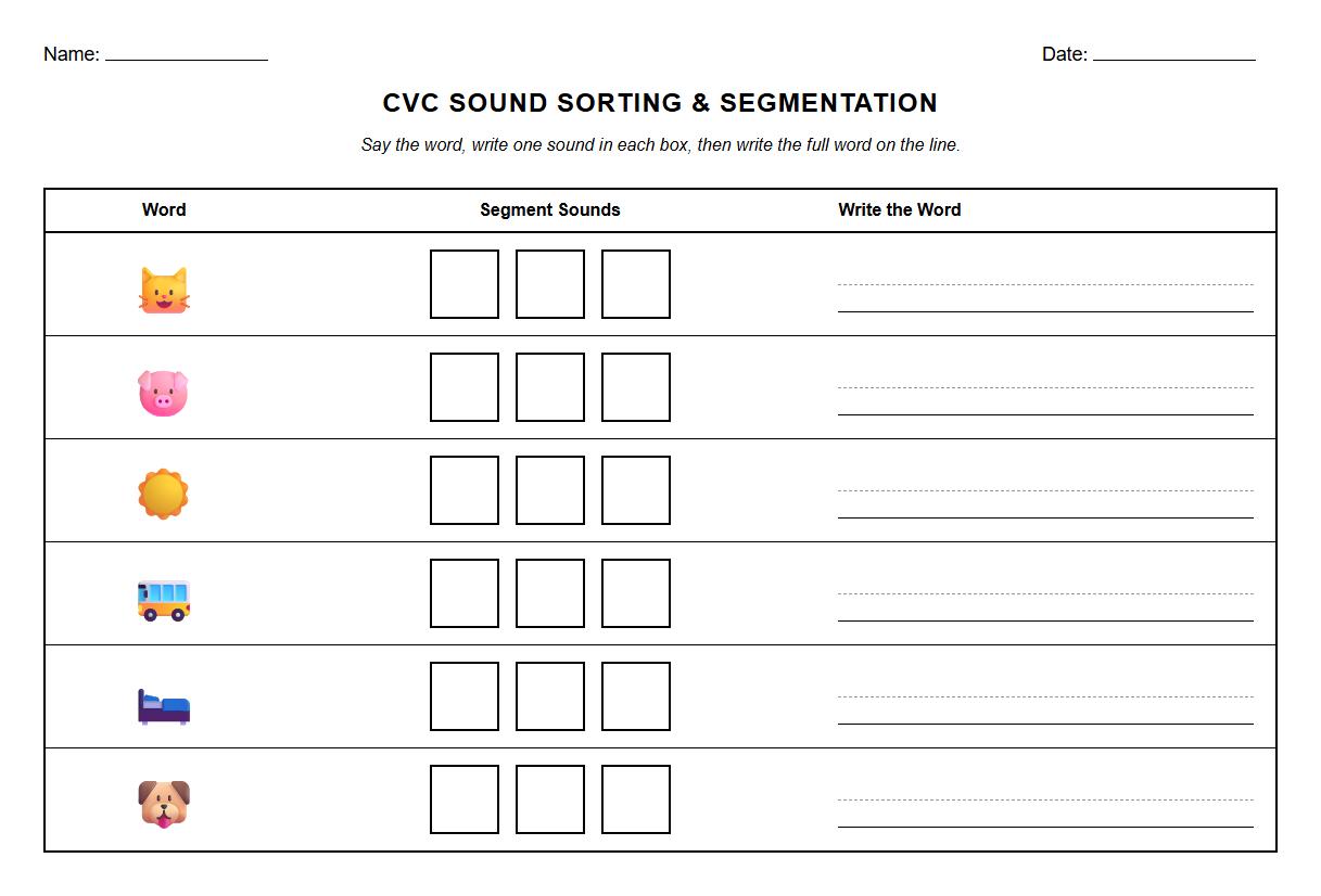 CVC Word Sound Sorting and Segmentation Grid
