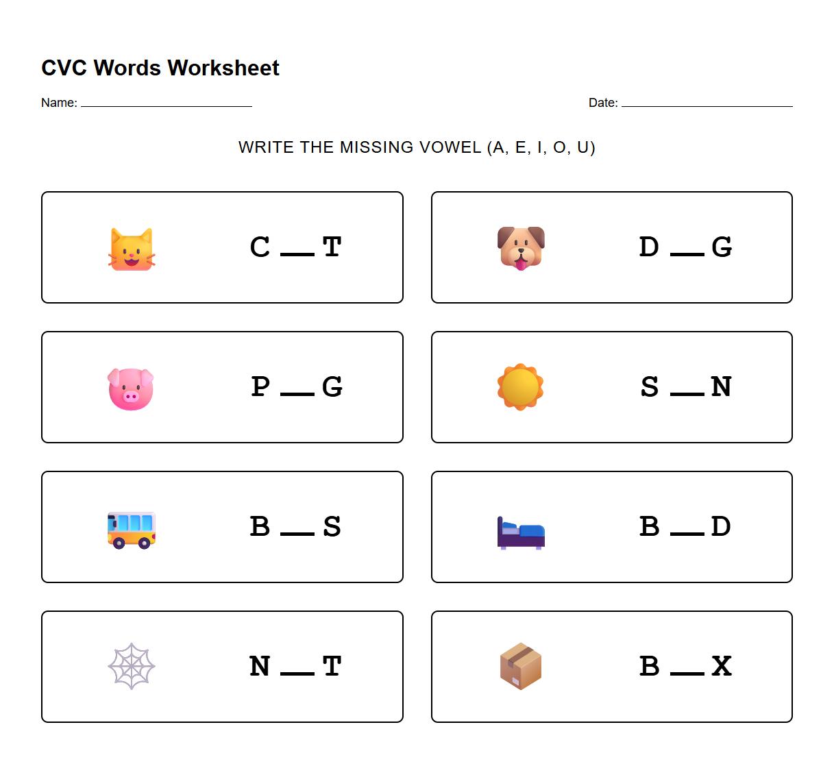 CVC Words Missing Vowel Exercise
