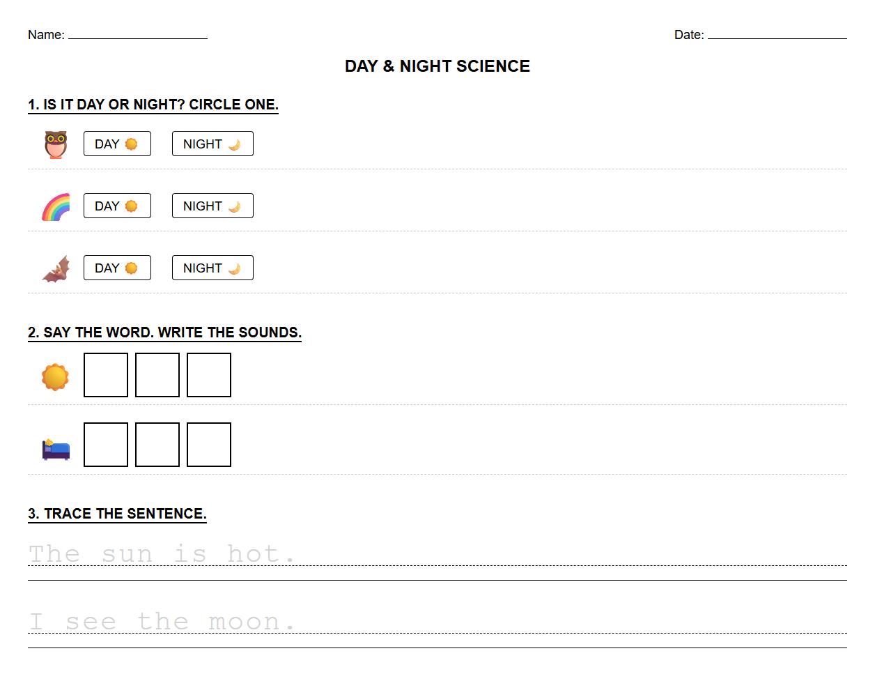 Day Night Concept Blending and Segmenting Tracing Worksheet