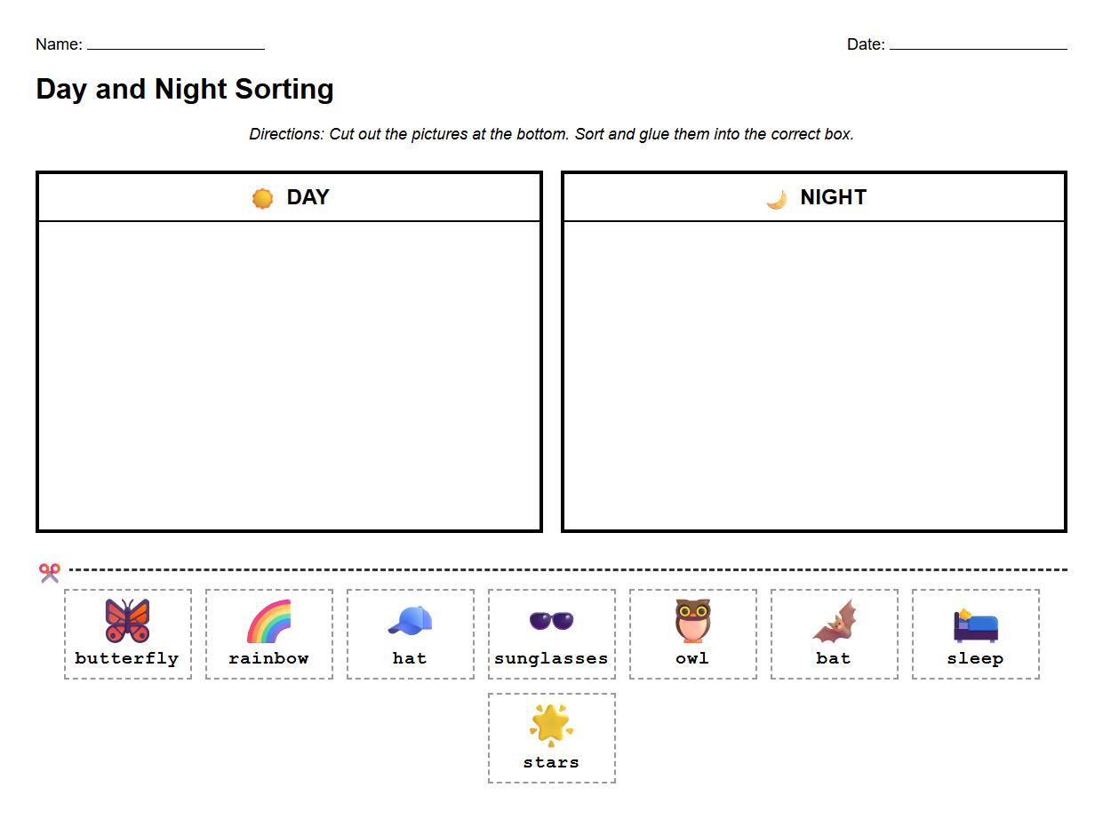 Day and Night Picture Sorting Worksheet with Visual Phonics Labels