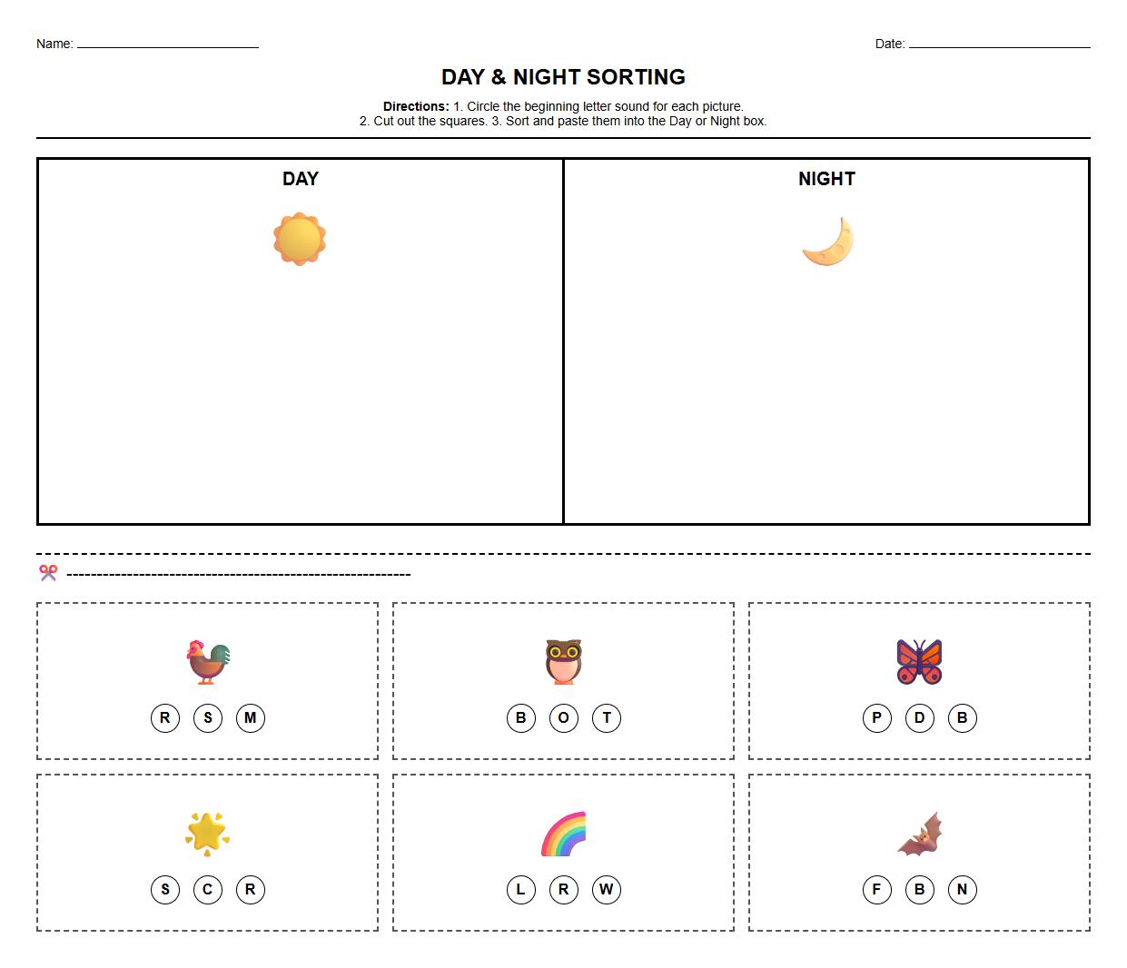 Day and Night Scenes Sorting with Initial Phonics Sound Worksheet