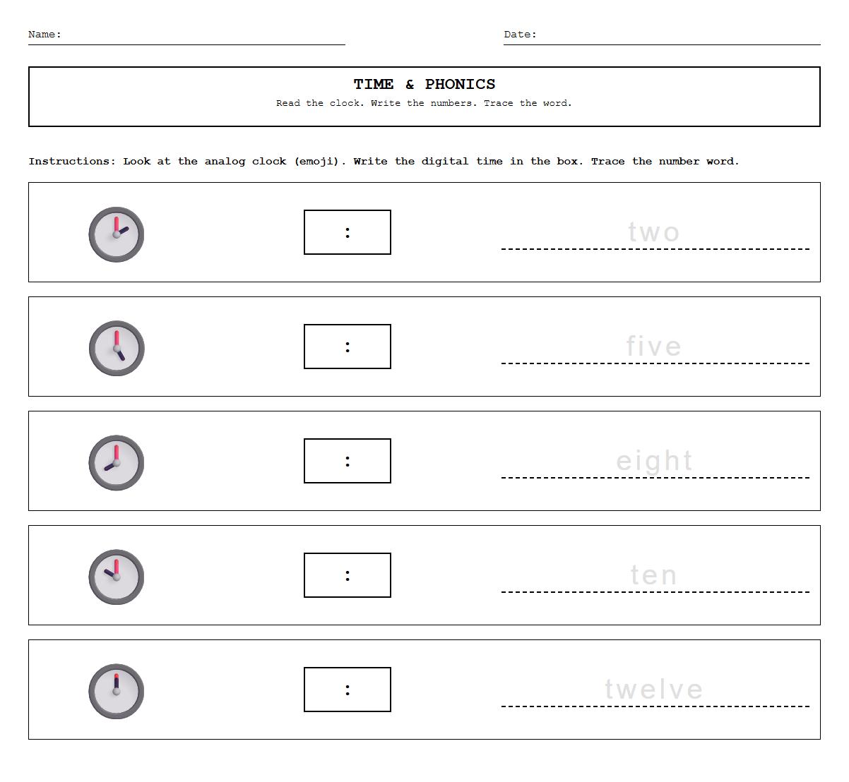 Digital and Analog Time Conversion Phonics Worksheet
