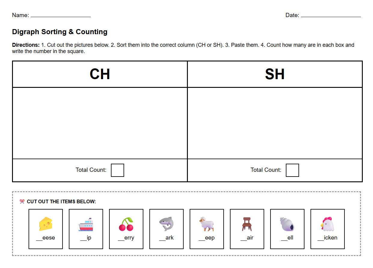 Digraph Sorting Phonics Practice
