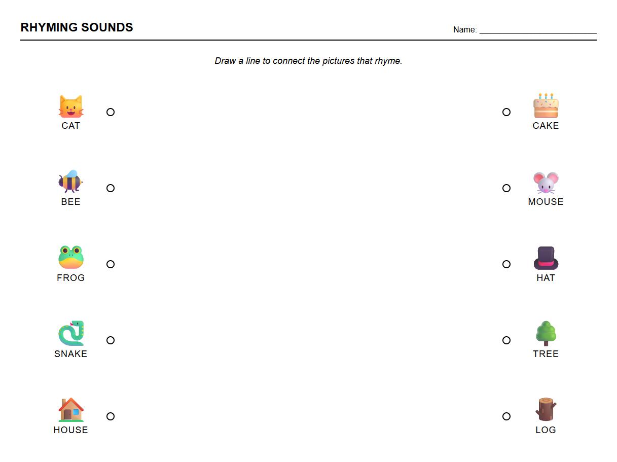 Draw a Line to Match Rhyming Phonics Sounds Worksheet