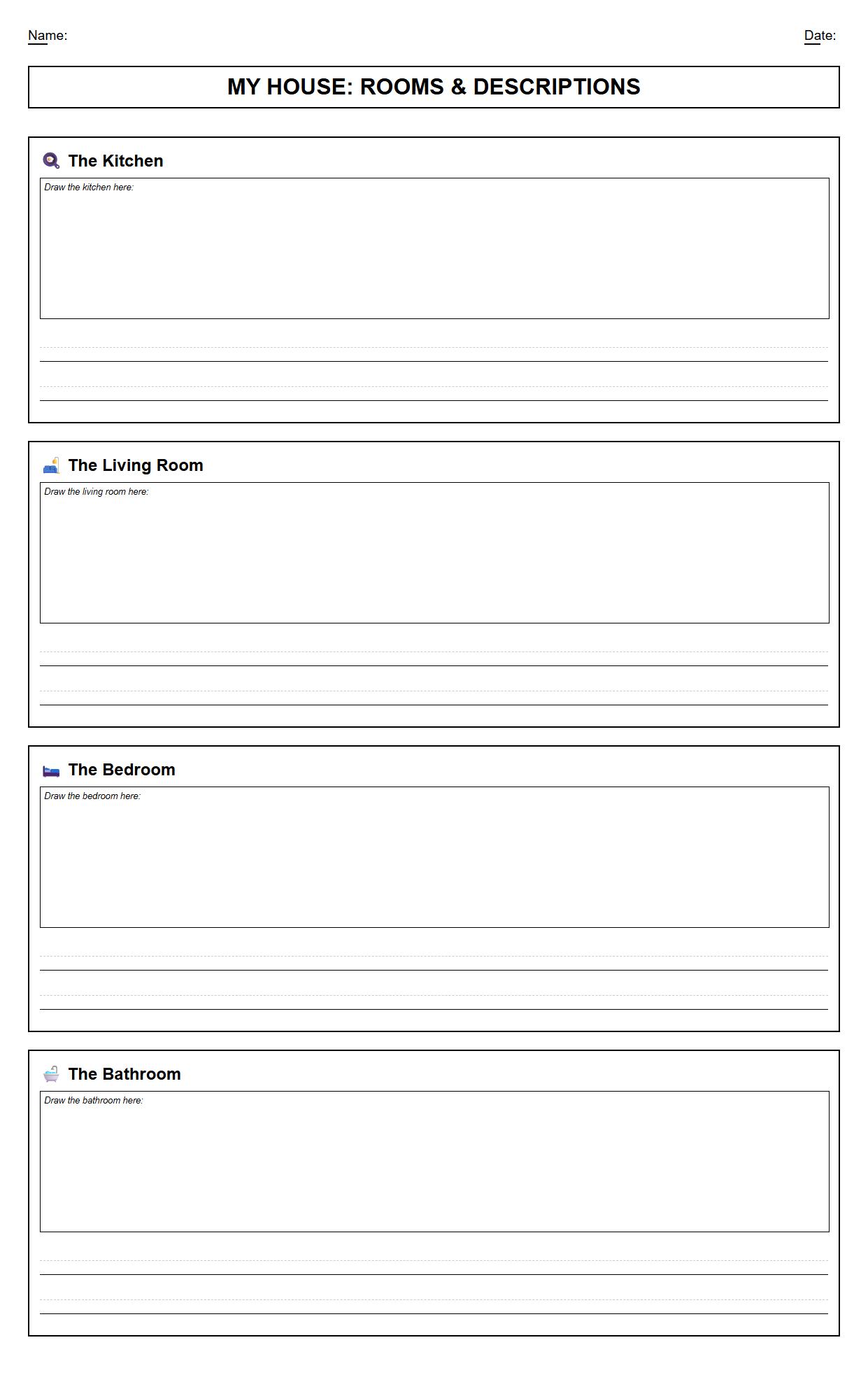 Draw and Write Worksheet for Describing Different Rooms